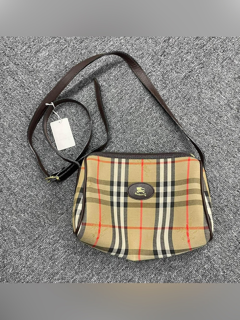 Burberry Tan and Brown Nova Check Crossbody Bag with Red Accents